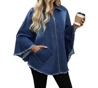 Goolecrimp Chaqueta vaquera oversize para mujer moda de primavera con cuello, mangas murciélago cremallera bolsillos dobladillo deshilachado y acabado desgastado. (Azul,M)