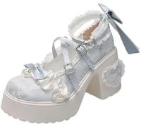 Goolecrimp Zapatos Mary Jane Kawaii De Tacón Medio Ancho para Mujer, Estilo Y2K Lolita con Lazo Y Correa Cruzada, Ideales para Cosplay, Fiestas Y Uso Diario (Azul,40)