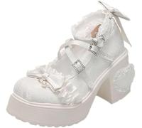 Goolecrimp Zapatos Mary Jane Kawaii De Tacón Medio Ancho para Mujer, Estilo Y2K Lolita con Lazo Y Correa Cruzada, Ideales para Cosplay, Fiestas Y Uso Diario (Blanco,35)