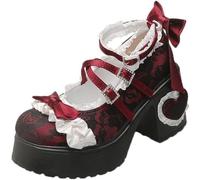 Goolecrimp Zapatos Mary Jane Kawaii De Tacón Medio Ancho para Mujer, Estilo Y2K Lolita con Lazo Y Correa Cruzada, Ideales para Cosplay, Fiestas Y Uso Diario (Rojo,38)