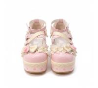 Goolecrimp Zapatos Mary Jane Sweet Lolita para Mujer, Estilo Kawaii Y2K, con Tiras Cruzadas, Lazo Y Hebilla, Plataforma Gruesa, Ideales para Cosplay Vintage, Fiestas Y Uso Diario (Rosa,36)
