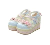 Goolecrimp Zapatos Mary Jane Sweet Lolita para Mujer, Estilo Kawaii Y2K, con Tiras Cruzadas, Lazo Y Hebilla, Plataforma Gruesa, Ideales para Cosplay Vintage, Fiestas Y Uso Diario (Azul,36)
