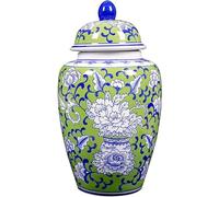 GOOPEEG Jarrón de Jengibre Jarrón De Jengibre De Cerámica Verde con Tapa, Tarro De Templo Floral De Porcelana Decorativa China Tradicional Jarrones Decorativos(16 Inch)