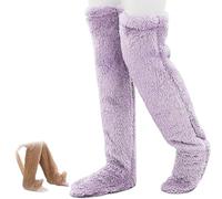 Goose Down Knee Socks for Christmas,Soft Cozy Long Fuzzy Thigh High Socks,Plush Over The Knee Tube Slipper Sock (FR/ES, Letras, Talla única, Regular, Regular, Purple)