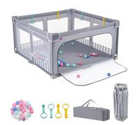 GOPLUS 150x150 cm Parque Infantil Plegable para Bebés, Parque Portátil con 50 Pelotas Oceánicas, Bolsa de Transporte, Puertas y 4 Anillos, Centro de Actividades para 0-3 Años, Sin Instalación (Gris)