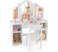 GOPLUS 2 en 1 Tocador Niña con Silla, Tocador Infantil de Princesa con Espejo Extraíble, Mesa de Maquillaje Cosmética de Madera, 4 Cajones de Almacenamiento