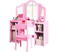 GOPLUS 2 en 1 Tocador Niña con Silla, Tocador Infantil de Princesa con Espejo Extraíble, Mesa de Maquillaje Cosmética de Madera, 4 Cajones de Almacenamiento