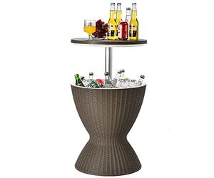 GOPLUS 3 en 1 Mesa Nevera para Jardín, 30L Cool Bar de Altura Ajustable, Mesa de Hielo con Tapón de Drenaje de Imitación de Ratán, Mesa de Cóctel de Patio para Fiesta Camping Exterior (Marrón)