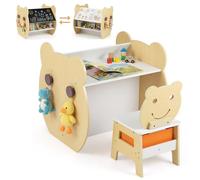 GOPLUS 3 en 1 Mesa y Silla Infantil, Pupitre de Actividades para Niños de 3-10 Años con Pizarra Negra y Blanca Reversible, Estante, Ganchos y Cajón, Mesa de Arte para Estudiar y Dibujar (Natural)