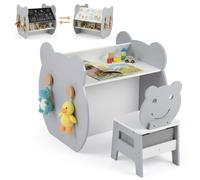 GOPLUS 3 en 1 Mesa y Silla Infantil, Pupitre de Actividades para Niños de 3-10 Años con Pizarra Negra y Blanca Reversible, Estante, Ganchos y Cajón, Mesa de Arte para Estudiar y Dibujar (Gris)