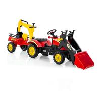 GOPLUS 3 en 1 Tractor de Pedales Infantil, Excavadora de Conducción con 6 Ruedas, Pala Excavadora Ajustable y Remolque Desmontable, Tractor Infantil con Bocina, Carga Máxima 35kg, 3+ Años (Rojo)