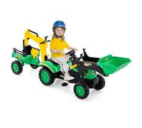 GOPLUS 3 en 1 Tractor de Pedales Infantil, Excavadora de Conducción con 6 Ruedas y Pala Excavadora Ajustable y Remolque Desmontable, Tractor Infantil con Bocina, 3-6 años, hasta 35 kg (Verde)