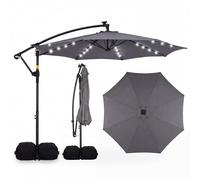 GOPLUS 300 cm Sombrilla Terraza Exterior con Base, Parasol de Jardín con 8 Varillas, 32 Luces LED Solares, Manivela, Rotación 360°, Protección UV para Balcón o Playa (Gris, 3 M con Base)