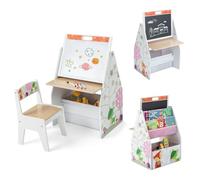 GOPLUS 4 en 1 Caballete y Estación de Juegos para Niños con Silla, Juego de Mesa y Silla para Niños con Pizarra Magnética y Pizarra Blanca Giratoria de Doble Cara, 50 x 50 x 85 cm (Blanco)
