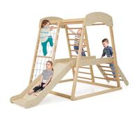 GOPLUS 6 en 1 Triángulo de Escalada Parque para Niños de 1 Año+, Juguetes de Escalada Grande de Madera con Tobogán/Red de Escalada/Barra, Juego de Montessori, Torre de Escalada, Carga 200 KG, Natural