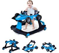 GOPLUS Andador Bebes 4 en 1, Andador Plegable con Altura Ajustable en 3 Niveles, Ruedas de Velocidad Regulable y Cojín Extraíble, Tacatá para Bebé 6-18 Meses con Luces, Música y Volante (Azul)