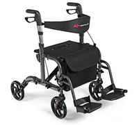 GOPLUS Andador con ruedas 2 en 1 para personas mayores, andador plegable con asiento, rueda de 8 pulgadas, combo de silla de ruedas con respaldo, mango ajustable para adultos, marco de aluminio