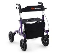 GOPLUS Andador de Altura Ajustable, Andador Plegable con Asiento, Rueda Todo Terreno Neumática de 24 cm, Bolsa de Almacenaje, 160 kg de Capacidad, Andador Ligero para Personas Mayores (Violeta)