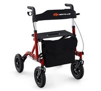 GOPLUS Andador de Altura Ajustable, Andador Plegable con Asiento, Rueda Todo Terreno Neumática de 24 cm, Bolsa de Almacenaje, 160 kg de Capacidad, Andador Ligero para Personas Mayores (Rojo)
