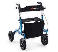 GOPLUS Andador de Altura Ajustable, Andador Plegable con Asiento, Rueda Todo Terreno Neumática de 24 cm, Bolsa de Almacenaje, 160 kg de Capacidad, Andador Ligero para Personas Mayores (Azul)