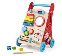 GOPLUS Andador de Madera para Bebés de 12+ Meses, Caminador Infantil Montessori con Asa, Almacenamiento, Ruedas, Espejo, Juguetes Interactivos, Baby Walker, Centro de Actividades Versátil para 1 Años