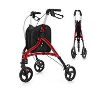 GOPLUS Andador para Ancianos Plegable, Andadores Adultos de Aluminio Ligero con 3 Ruedas para Todo Tipo de Terreno, Caminadores para Mayores con Altura Ajustable y Bolsa de Almacenamiento (Rojo)