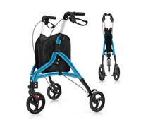 GOPLUS Andador para Ancianos Plegable, Andadores Adultos de Aluminio Ligero con 3 Ruedas para Todo Tipo de Terreno, Caminadores para Mayores con Altura Ajustable y Bolsa de Almacenamiento (Azul)