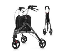 GOPLUS Andador para Ancianos Plegable, Andadores Adultos de Aluminio Ligero con 3 Ruedas para Todo Tipo de Terreno, Caminadores para Mayores con Altura Ajustable y Bolsa de Almacenamiento (Gris)