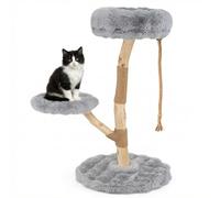 GOPLUS Árbol para Gatos de Madera de Peral, Torre para Gatos de Múltiples Niveles con Postes Rascadores, Cómodo Mirador, Cuerda Colgante y Plataforma de Salto, Centro de Actividades (Blanco) (Gris)