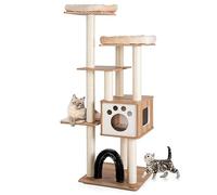 GOPLUS Árbol para Gatos de Madera de XXL 176 CM, Torre para Gatos de 5 Niveles con Poste Rascador de Sisal, Diseño Antivuelco, Árbol Rascador con Cojines Cómodos, 59×59×176CM