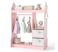 GOPLUS Armario de Almacenamiento para Niños, Ropero con Espejo de Cuerpo Entero, Estantes, Ganchos, 2 Cajas de Tela, Organizador para Juego Imaginativo, Armario de Madera para Dormitorio (Rosa)
