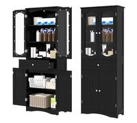GOPLUS Armario de Baño Alto de 160 CM, Armario de Almacenamiento Independiente con Puertas de Vidrio Templado, Estantes Ajustables y Cajón Grande, Organizador Estrecho para Cocina (Negro)