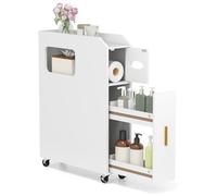 GOPLUS Armario de Baño Delgado de 16cm, Carro de Almacenamiento rodante con Soporte para Papel y Cepillo, Cajón Deslizable, 2 Ruedas Bloqueables, Organizador Que Ahorra Espacio (Blanco)