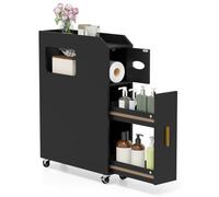 GOPLUS Armario de Baño Delgado de 16cm, Carro de Almacenamiento rodante con Soporte para Papel y Cepillo, Cajón Deslizable, 2 Ruedas Bloqueables, Organizador Que Ahorra Espacio (Negro)