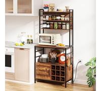 GOPLUS Armario de Cocina Alto de 170 cm, Estante para Panadería de Casa con Estación de Cargaa, Gabinete de Bar de Café con Ganchos, Soportes para Botellas de Vino, Estante para Microondas (Marrón)