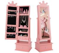 GOPLUS - Armario de joyería infantil con espejo de longitud completa, organizador de joyas con 3 cajones y 4 estantes de almacenamiento, 13 ganchos y 18 ranuras para pendientes, rosa (Pink)
