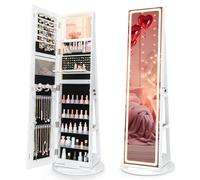 GOPLUS Armario Joyero Giratorio De 360° Con Luces LED, Con Cerradura, Con Espejo De Cuerpo Entero Y De Maquillaje, Con Estante Plegable Y Estantes Traseros (Blanco)