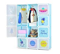 GOPLUS Armario Modular Infantil de 12 Cubos Plásticos 35×35 cm, Mueble de Almacenaje Juguetes con Barra de Suspensión, Armario Cubo Oragnizador para Ropa Zapatos Libros, 107 x 35 x 142 cm