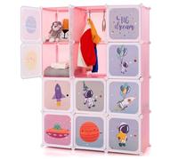 GOPLUS Armario Modular Infantil de 12 Cubos Plásticos 36×36 cm, Mueble de Almacenaje Juguetes con Barra de Suspensión, Armario Cubo Oragnizador para Ropa Zapatos Libros, 107 x 36 x 142 cm (Rosa)