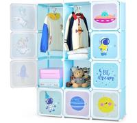 GOPLUS Armario Modular Infantil de 12 Cubos Plásticos 36×36 cm, Mueble de Almacenaje Juguetes con Barra de Suspensión, Armario Cubo Oragnizador para Ropa Zapatos Libros, 107 x 36 x 142 cm (Azul)
