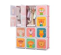 GOPLUS Armario Modular para Niños con 12 Cubos y 2 Barras, Estante con Animales, Plástico para Juguetes y Zapatos (Rosa)