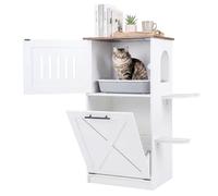 GOPLUS Armario para Gatos, Casa de Arenero para Mascotas con 2 Plataformas con Almohadillas Rascadoras, Gabinete con Puerta Abatible, Kit Antivuelco, Mueble Arenero Gatos Moderno