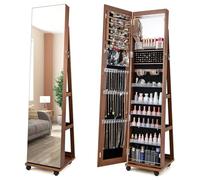 GOPLUS Armario para Joyas con Espejo de Cuerpo Entero, Espejo Joyero con Iluminación y Estante, Almacenamiento de Joyas con Ruedas, Organizador de Joyas con Cerradura para Dormitorio Vestidor