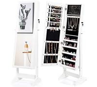 GOPLUS Armario para joyas con espejo en pie, gran capacidad de almacenamiento con compartimentos para hebillas, collares, maquillaje, ajustable en 4 posiciones, 41 x 36,5 x 146 cm