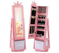 GOPLUS Armario para Joyas de Niños con Espejo de Cuerpo Completo, Armario Joyero Infantil con Cajón Plegable, Mueble de la Joyería para Dormitorio y Sala de Juegos de Niños de 3+ Años (Rosa)