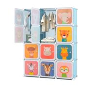 GOPLUS Armario para Niños, estante Modular con 12 Cubos y 2 Barras para Colgar, Estante Infantil con Motivos de Animales, para Juguetes y Zapatos, Habitación Infantil (Azul)