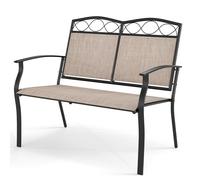 GOPLUS Banco de Exterior para Fijar con Cómodo Asiento, Respaldo Inclinado y Amplios Reposabrazos, Banco de 2 Plazas en Hierro Forjado y Tejido con Patas Ajustables para Entrada, Jardín y Terraza