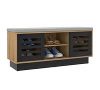 GOPLUS Banco Zapatero Versátil, Banco Zapatero Madera con Cojín, 6 Compartimentos y 2 Puertas Correderas, Estantes Ajustables en 3 Niveles, Diseño de Listones para Entrada Recibidor (Café)