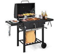 GOPLUS Barbacoa de carbón con tapa, carro de barbacoa con 2 ruedas con 2 mesas laterales plegables, 8 ganchos, termómetro y abrebotellas, parrilla BBQ para picnic, fiesta, camping, jardín y terraza