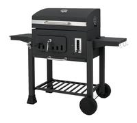 GOPLUS Barbacoa de Carbón de Acero con Bandeja Ajustable | Parrilla de Carbón con Ruedas, Conservación del Calor y de Asar, Termómetro, Mesa Lateral Plegable, Mangos, Ventilación